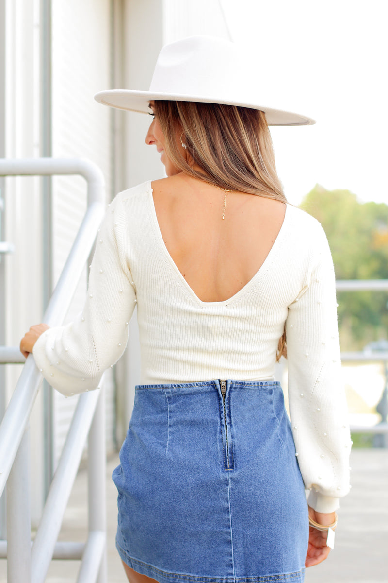 Pearl Puff Sleeve Bodysuit-Ivory