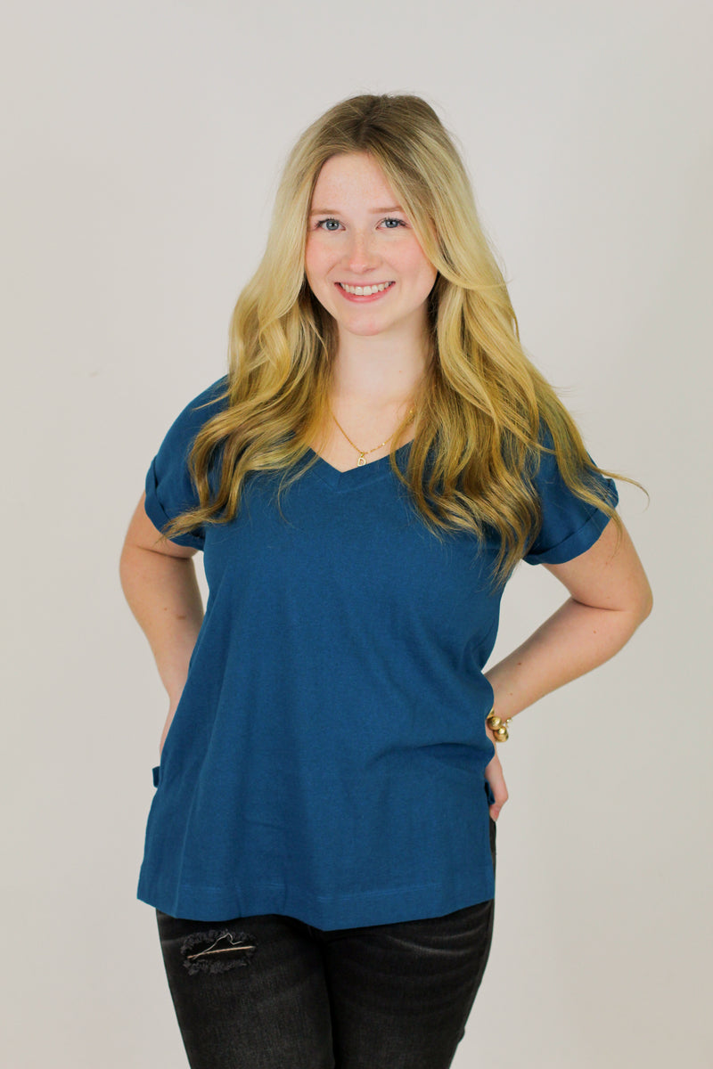 Basic V-Neck Top-Deep Teal