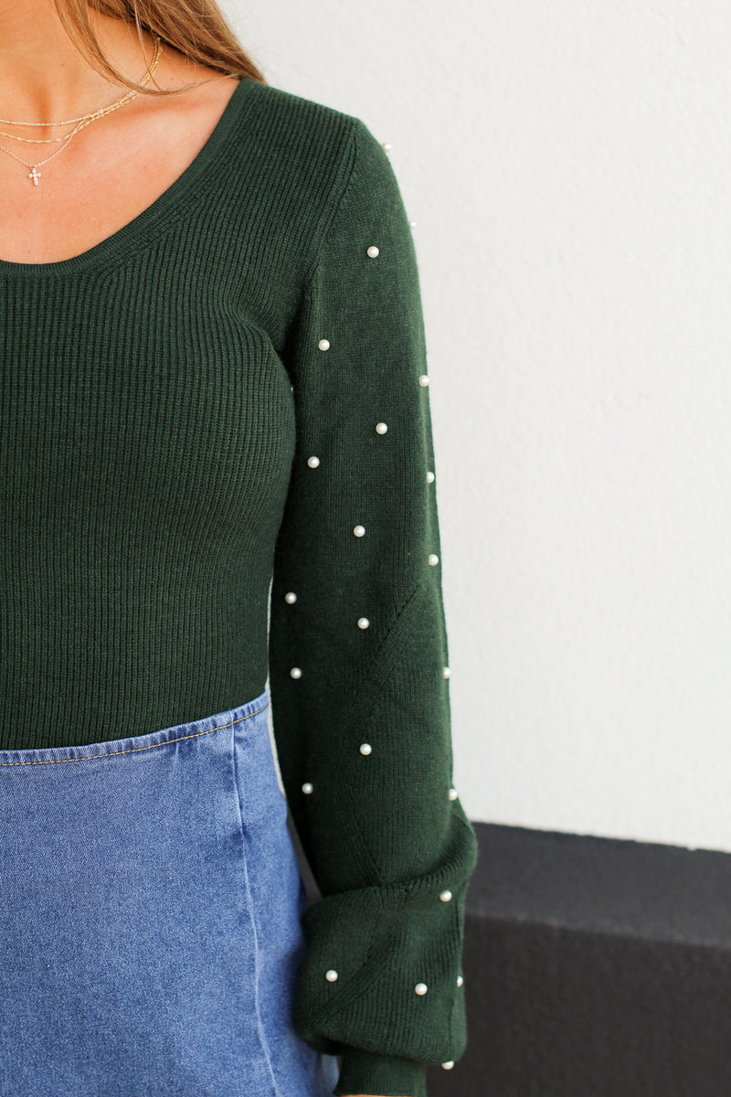 Pearl Puff Sleeve Bodysuit-Evergreen