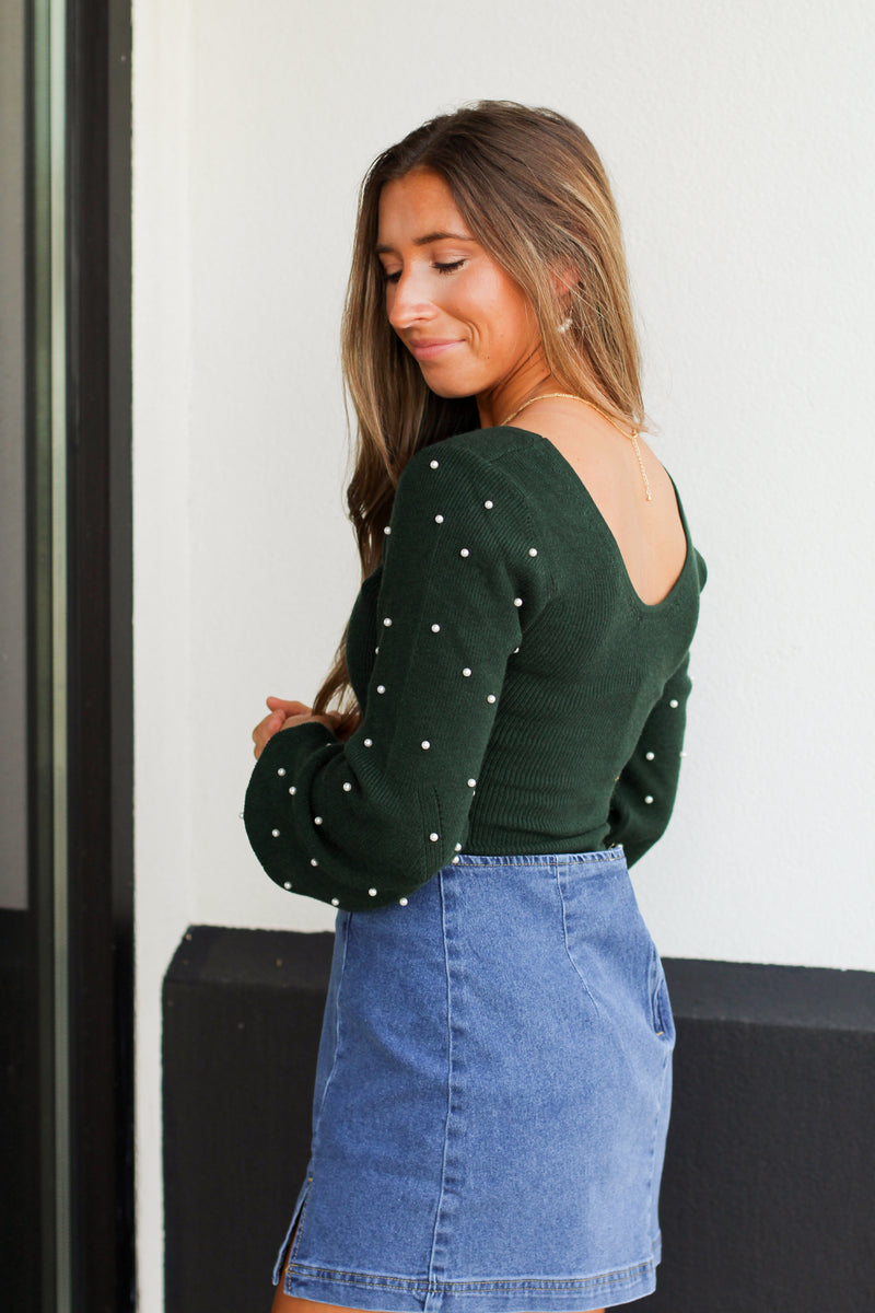 Pearl Puff Sleeve Bodysuit-Evergreen