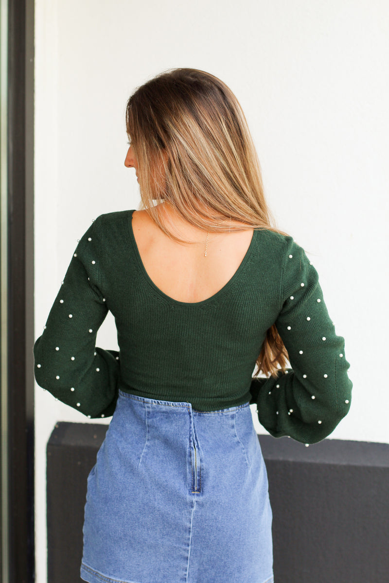 Pearl Puff Sleeve Bodysuit-Evergreen