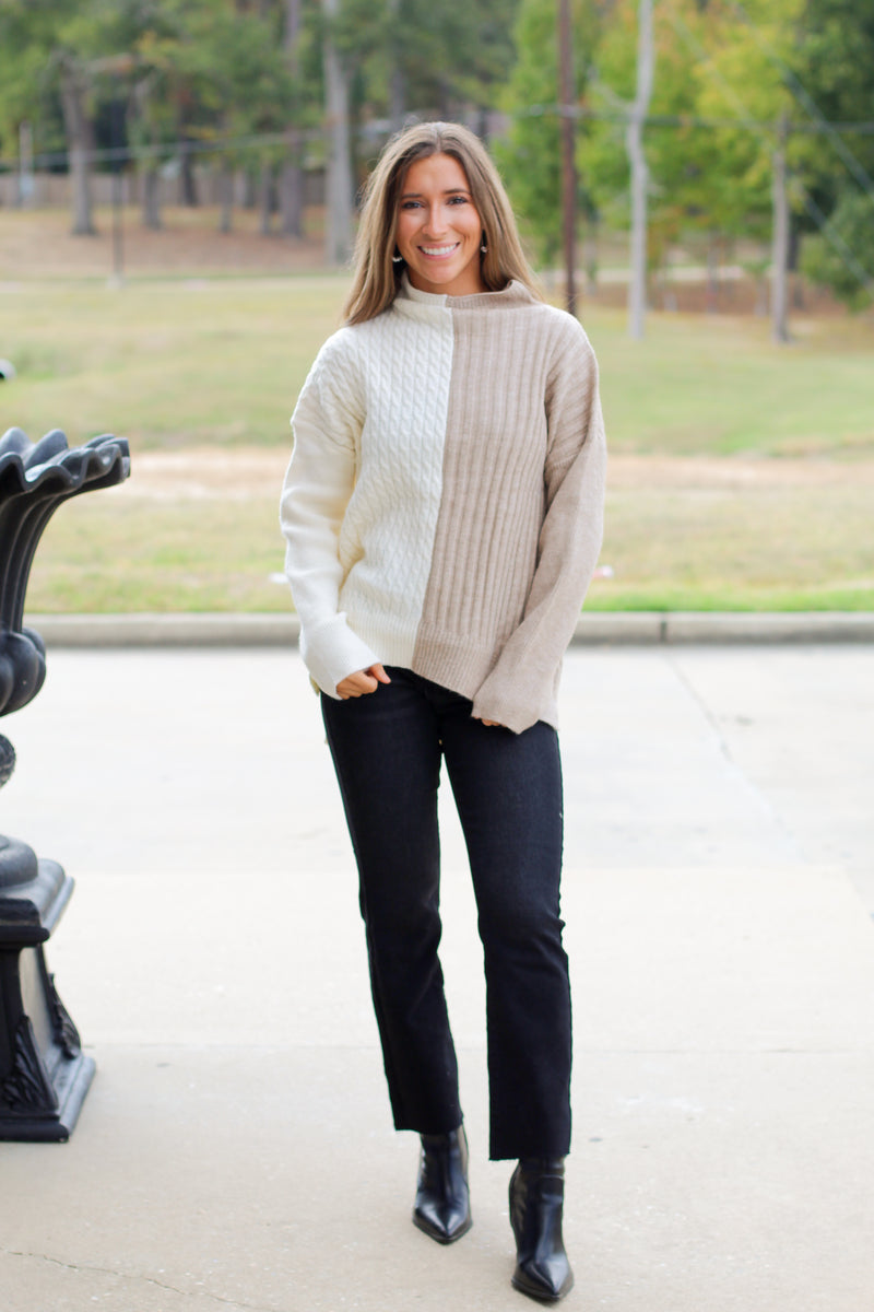 Double Cable Knit Sweater-Taupe