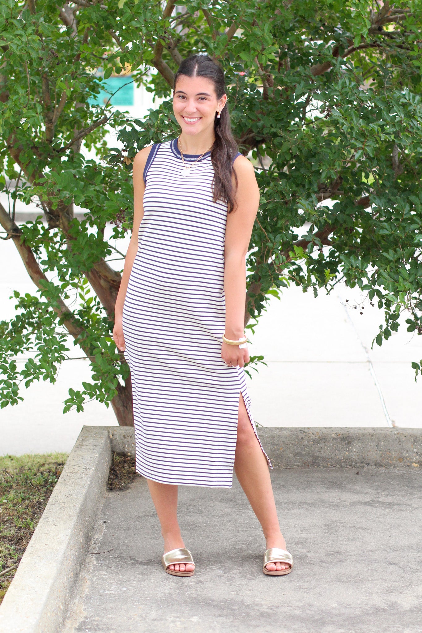 Stripe Contrast Trim Midi Dress