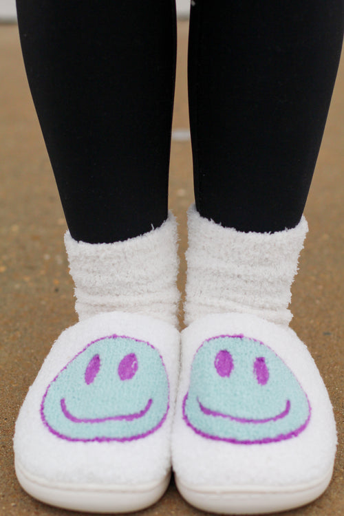 Happy Face Slippers-Mint/Purple