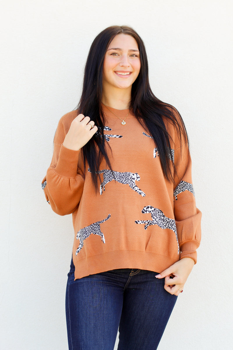 Jumping Cheetah Sweater-Camel