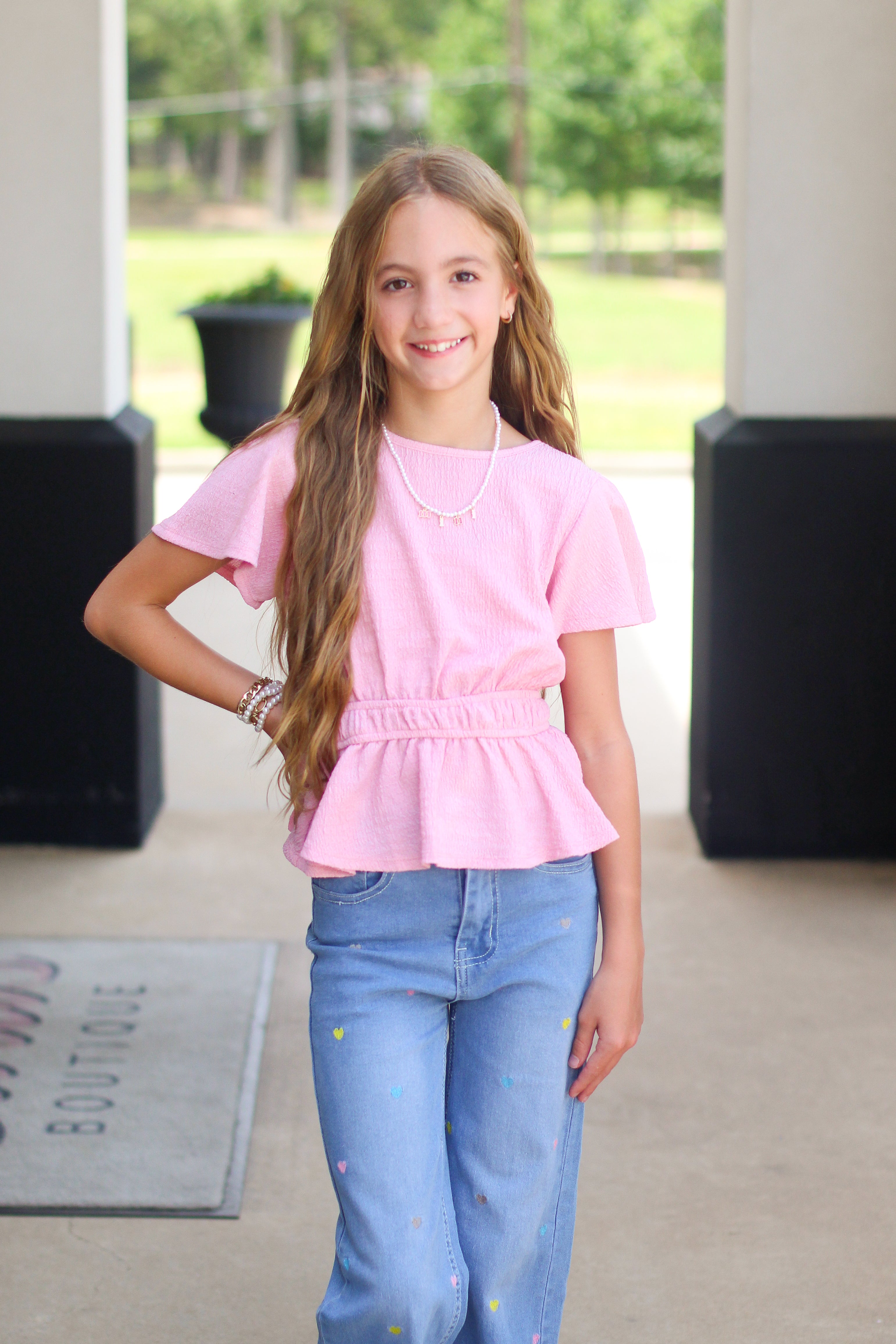 Cinched waist short sleeve tween top