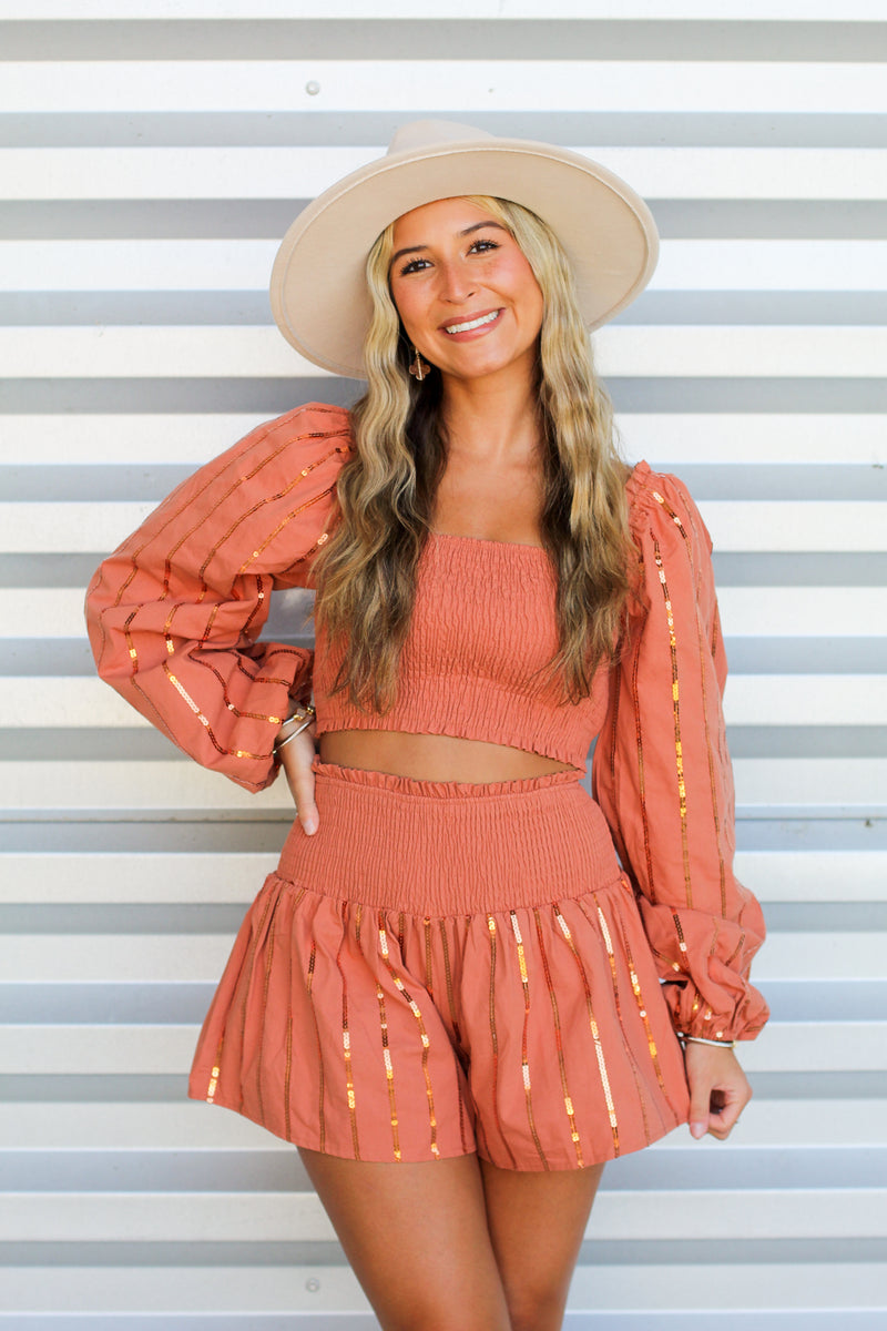 Hint of Sass Sequin Top-Rust
