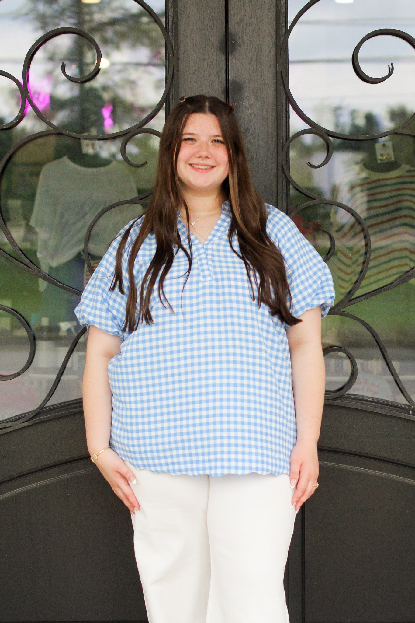 Gingham Bubble Sleeve Top