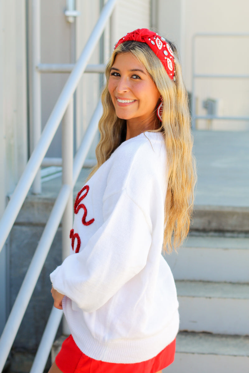 Touchdown Tinsel Top-White/Red