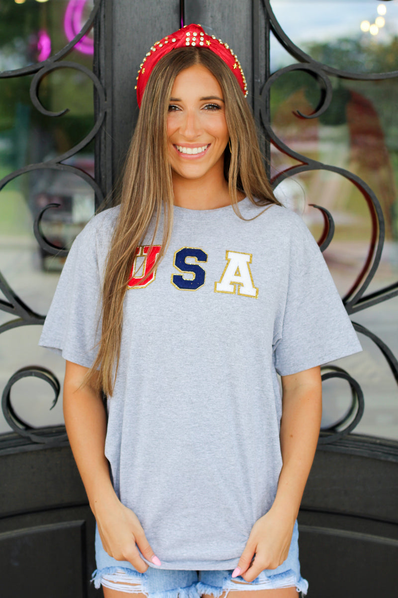 USA Patch Tee-Heather Grey