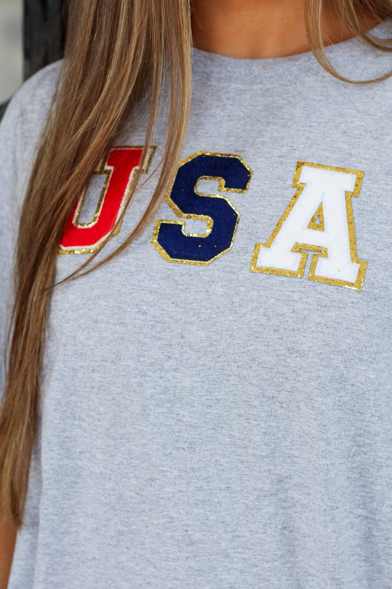 USA Patch Tee-Heather Grey