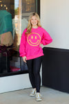 Fuzzy Happy Face Sweater-Hot Pink