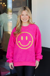 Fuzzy Happy Face Sweater-Hot Pink