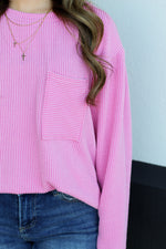 Long Sleeve Ribbed Pocket Top-Pink