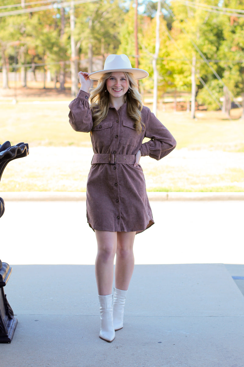Belted Corduroy Dress-Mocha