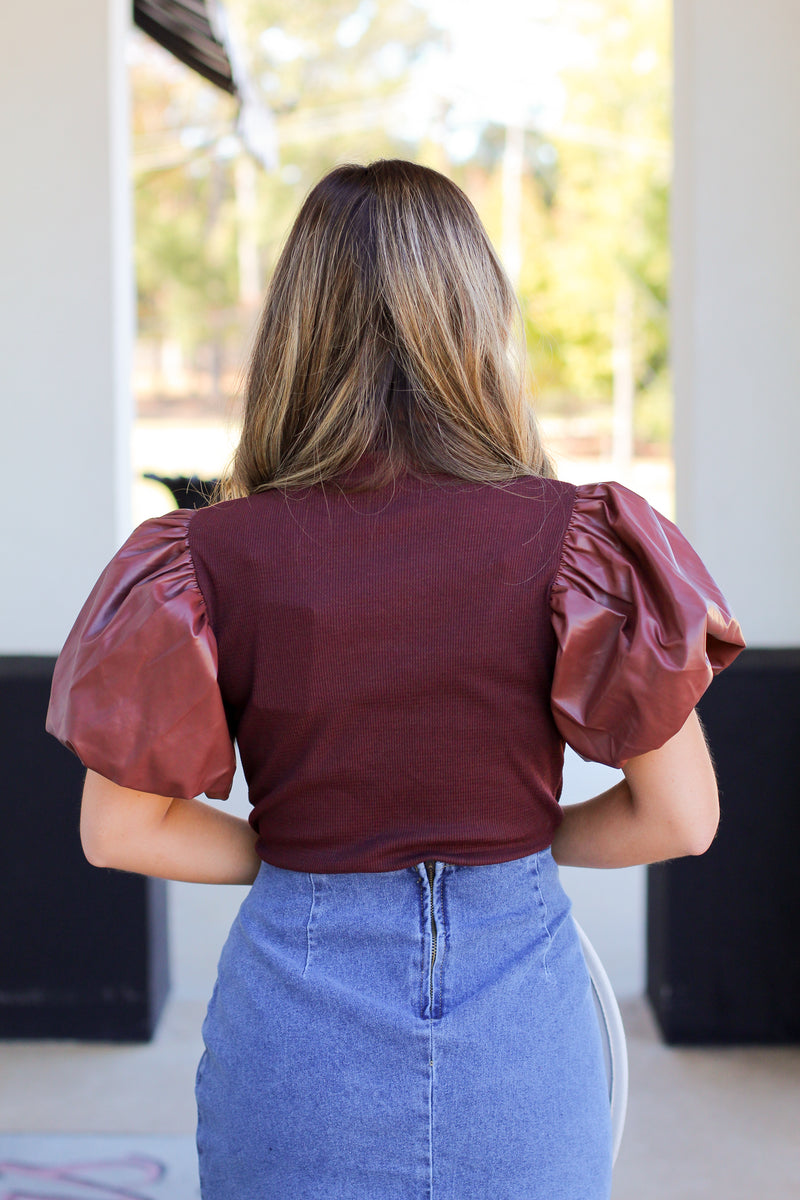 Textured Leather Top-Brown