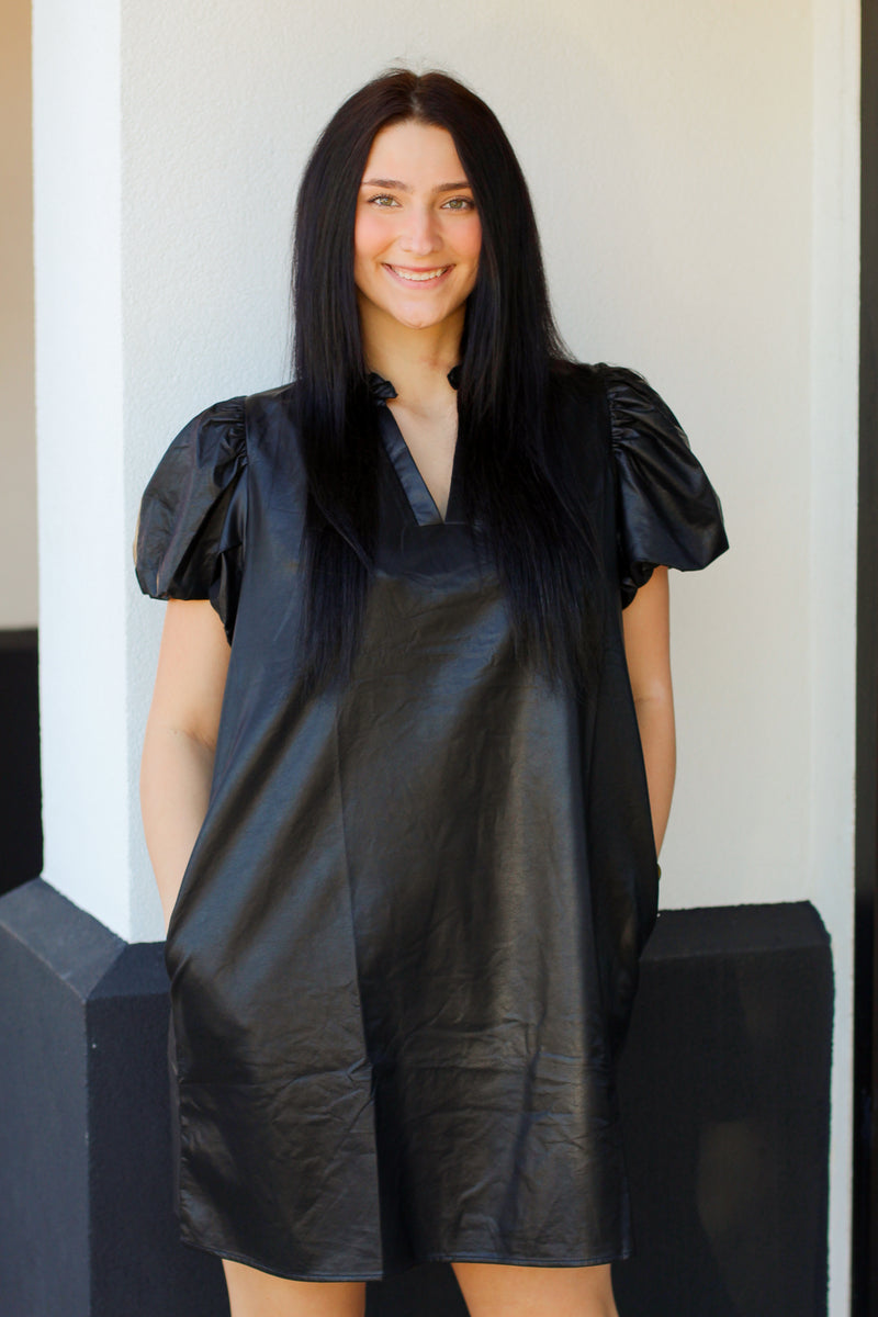 Puff Sleeve Leather Dress-Black