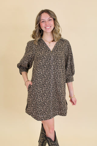 leopard zip up quarter sleeve dress