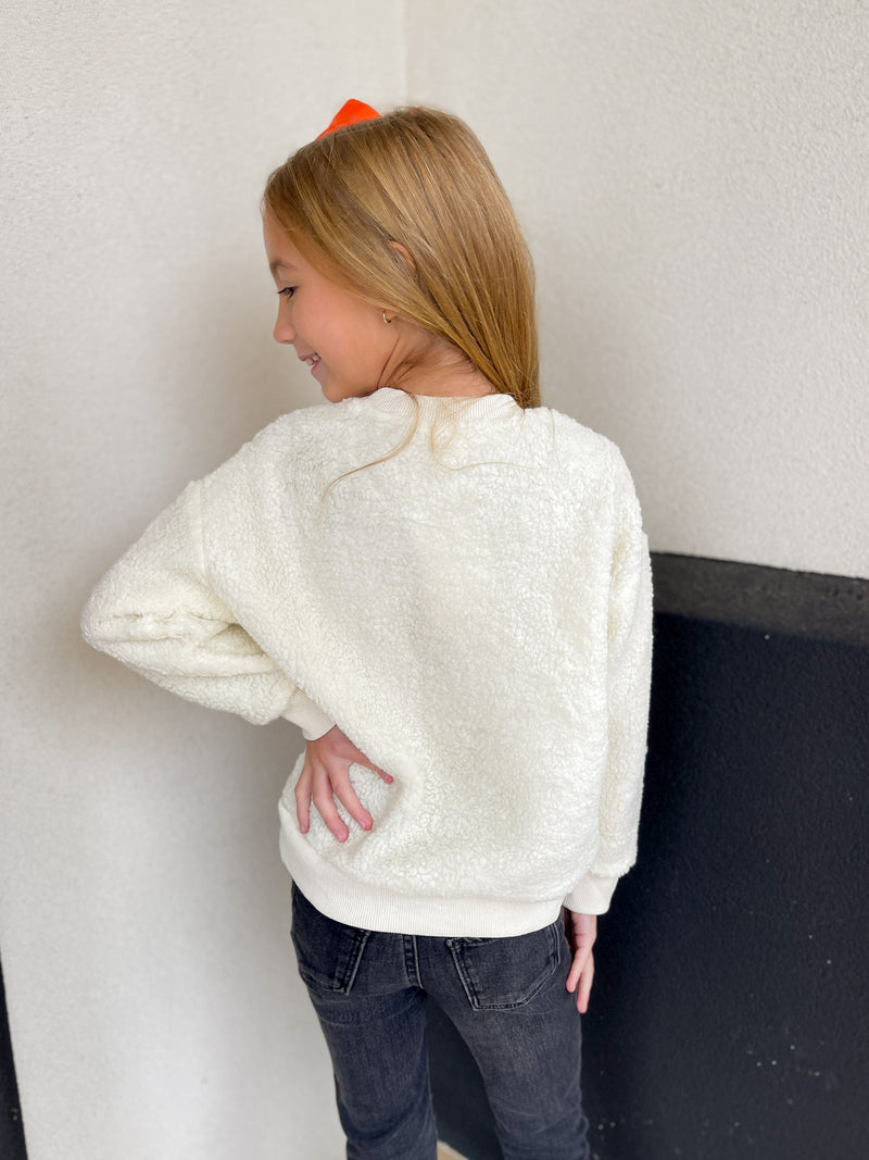 Fuzzy Happy Face Sweater-Cream