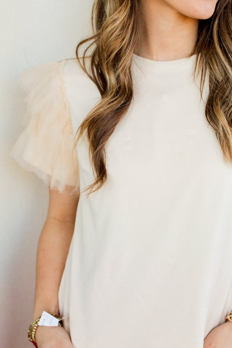 Tulle Sleeve Top-Beige