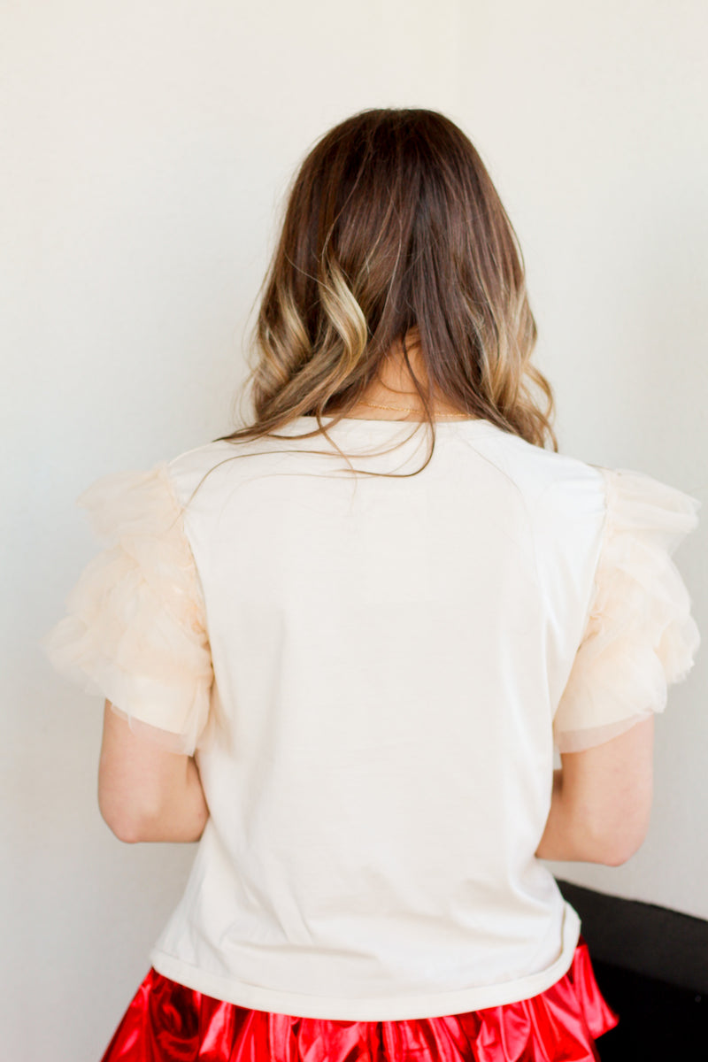 Tulle Sleeve Top-Beige