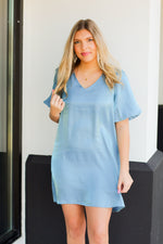 Sheer Bubble Sleeve Dress-Blue