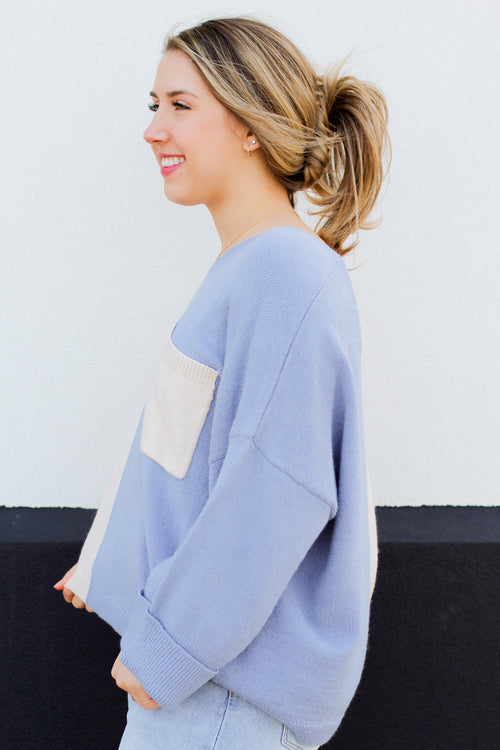 Two Sides Pocket Sweater-Blue/Cream
