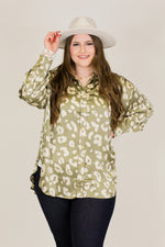 Pretty Print Button Down Top-Olive