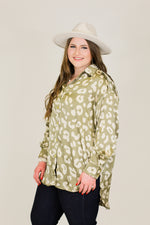 Pretty Print Button Down Top-Olive