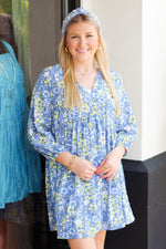 Doodle Floral Dress-Blue