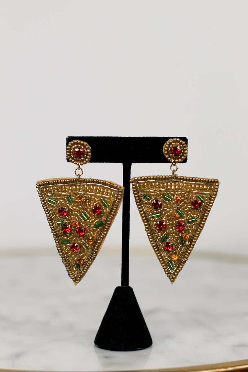 Beaded Pizza Earrings-Gold