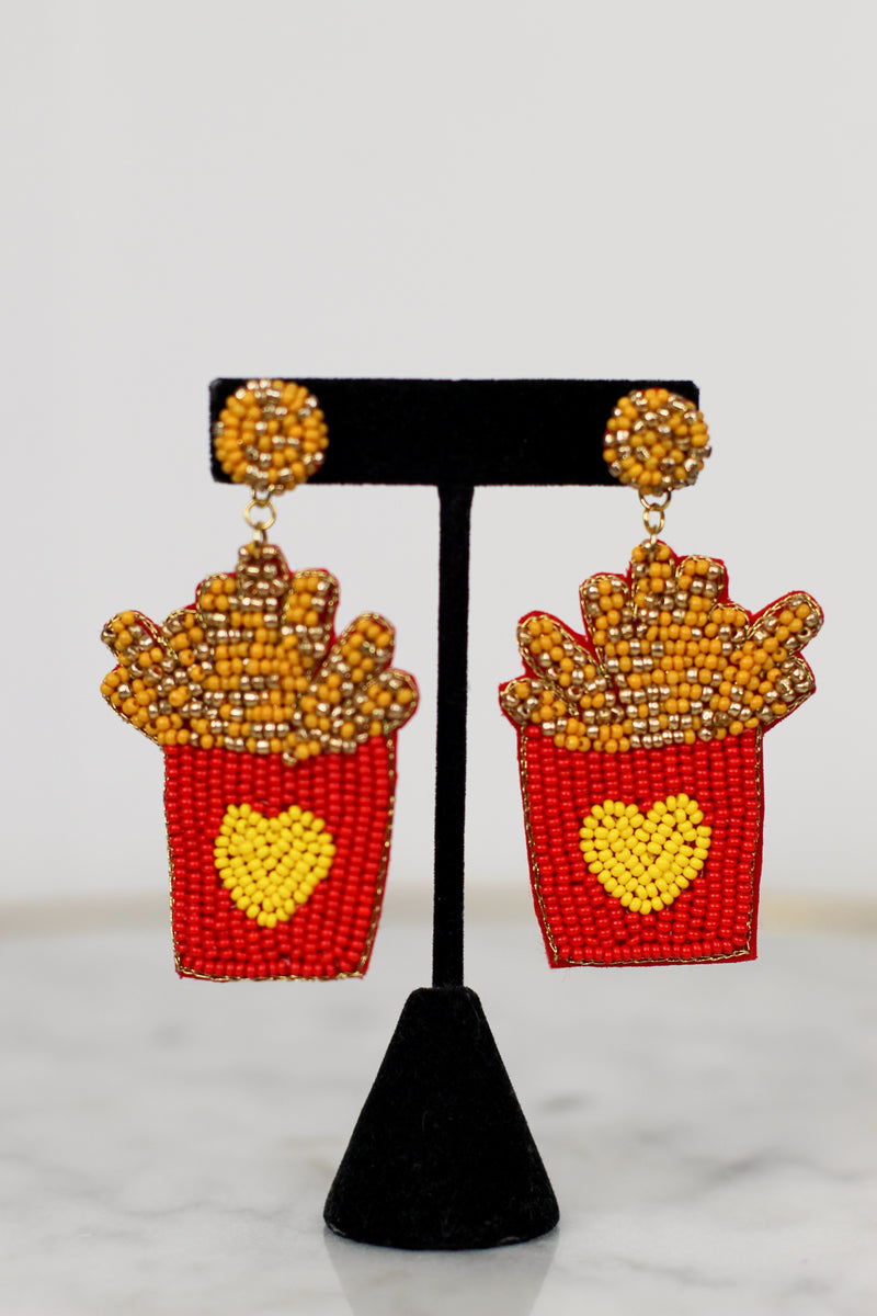Beaded Fries Earrings-Red