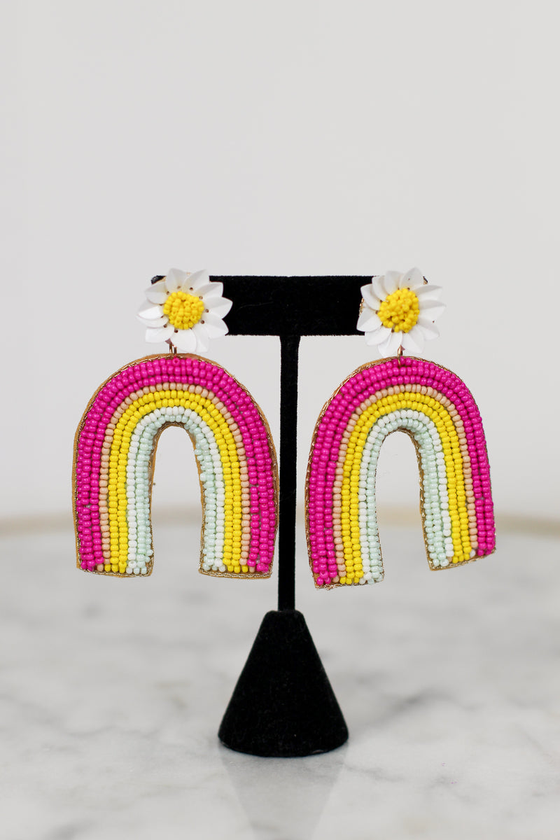 Rainbow Beaded Earrings-Pink/Yellow