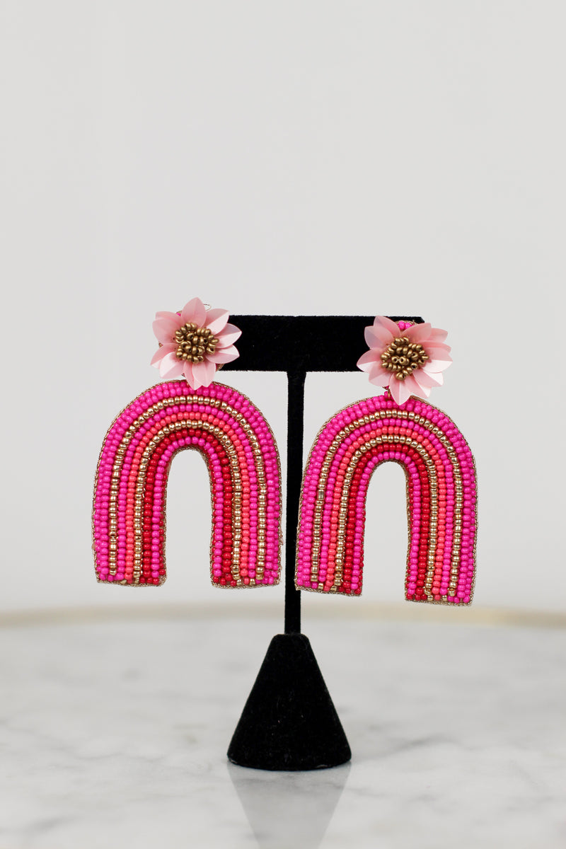 Rainbow Beaded Earrings-Hot Pink