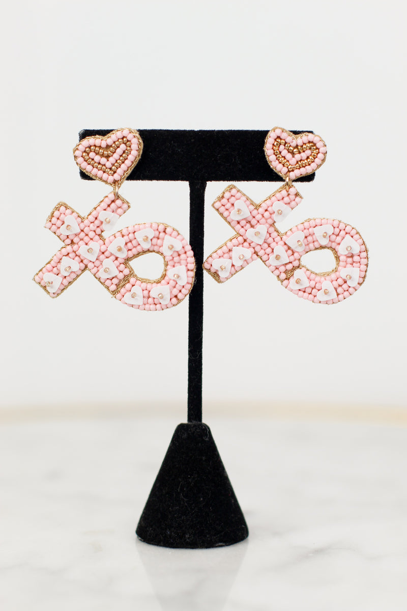 Beaded XOXO Earrings-Pink/White