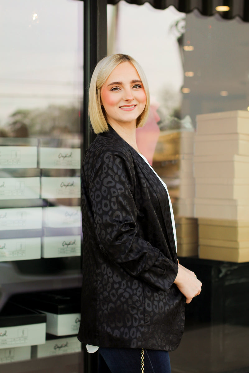 Satin Leopard Blazer-Black