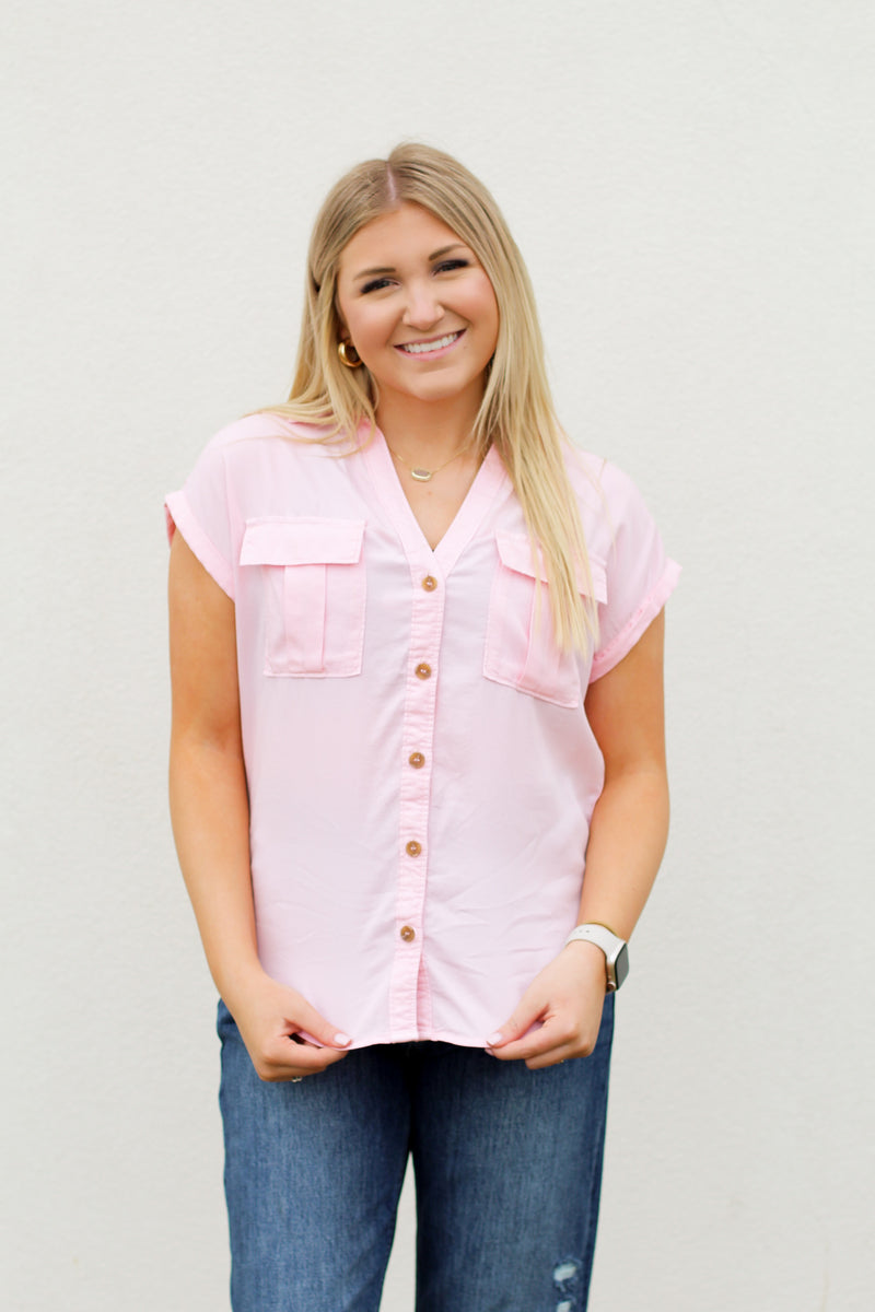 Beth Button Down Top-Light Pink