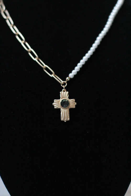 Pearl & Chain Necklace-Stone Cross