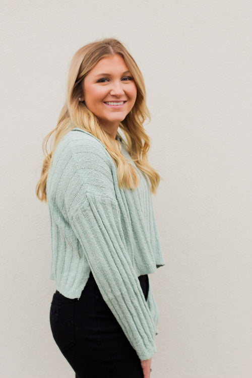 Cropped Collar Sweater-Icey Blue