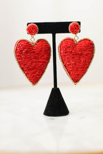 Beaded Love Heart Earring-Red