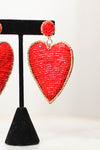 Beaded Love Heart Earring-Red