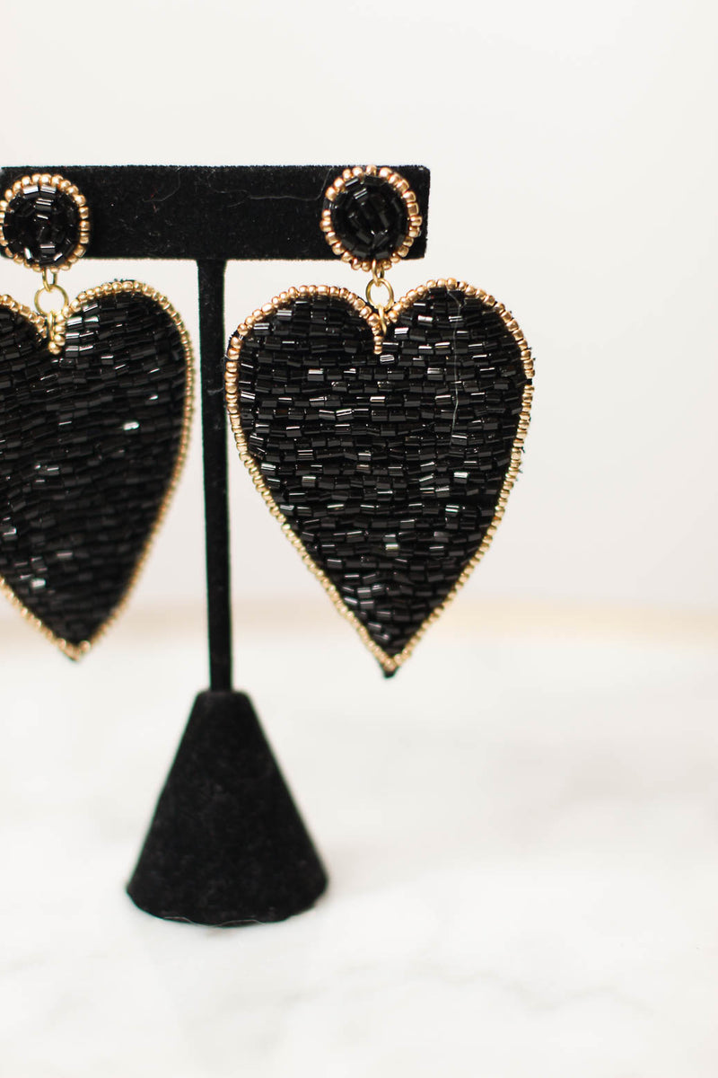 Beaded Love Heart Earring-Black