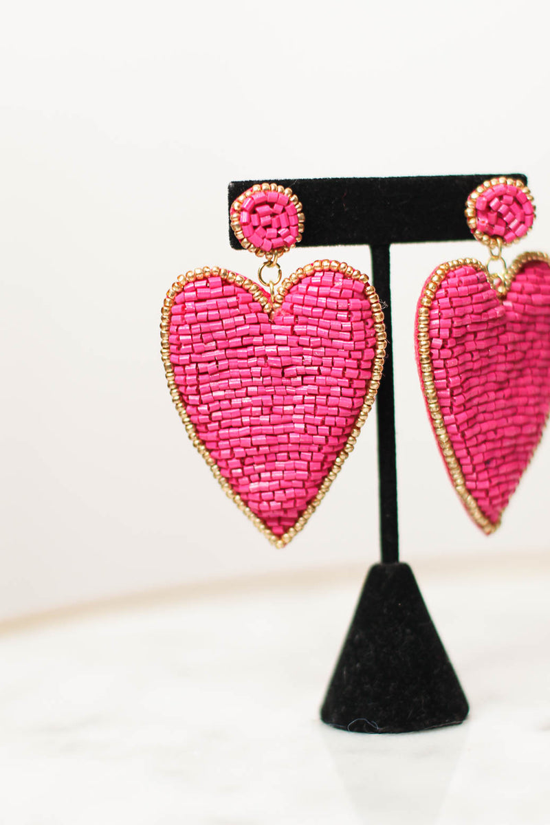 Beaded Love Heart Earring-Pink