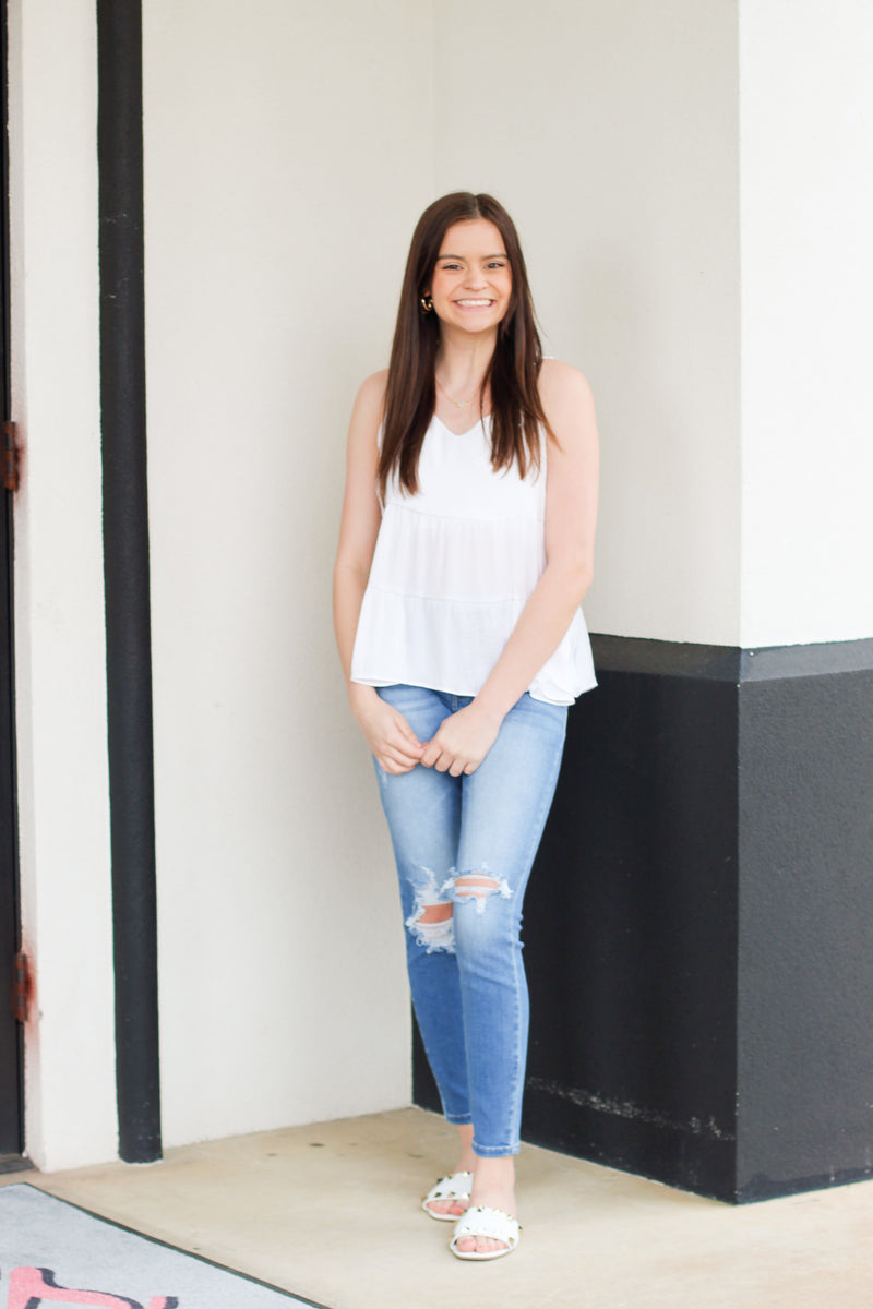 Classy Ruffle Tank-White