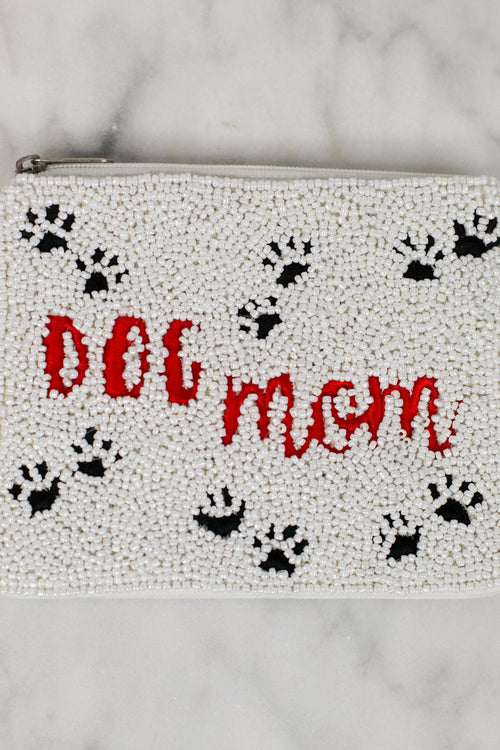 Pretty Beaded Pouch-White/Dog Mom