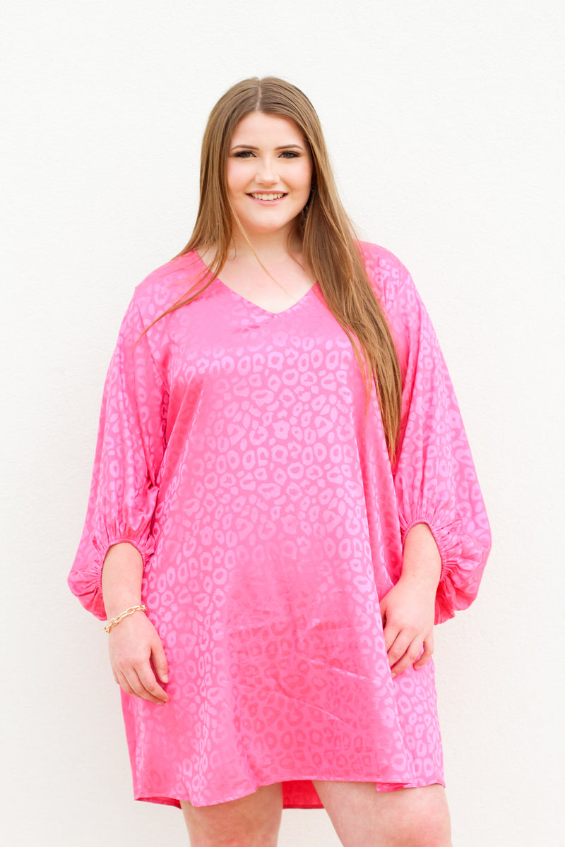 Satin Bubble Sleeve Dress-Hot Pink